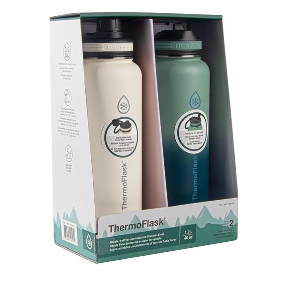 Thermoflask 40oz Stainless Steel Insulated Water Bottles, 2-pack, White/Green - Picture 1 of 4